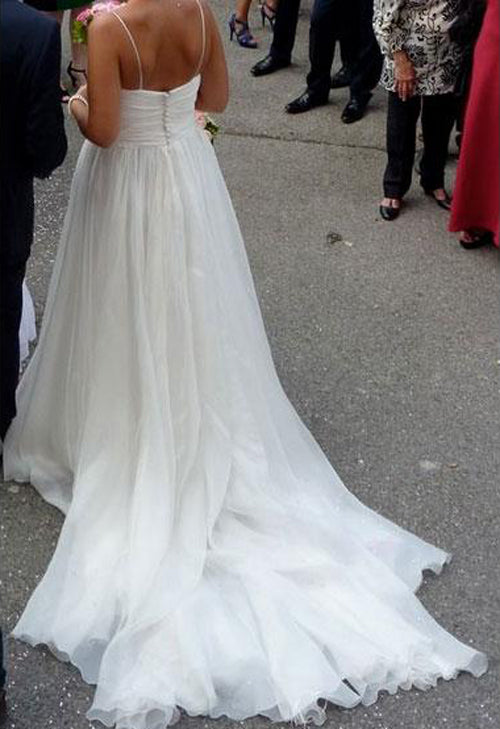 White Chiffon A-line V-neck Court Train Wedding Dresses with Ruffles, SW123