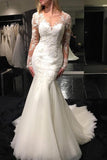 Mermaid Tulle Scoop Neck Sweep Train Lace Wedding Dresses with Appliques, SW124