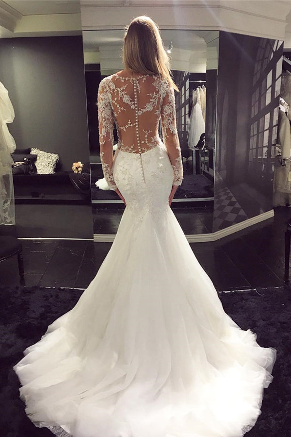 Mermaid Tulle Scoop Neck Sweep Train Lace Wedding Dresses with Appliques, SW124