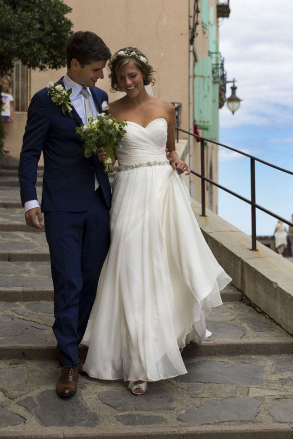 White Chiffon Strapless Sweetheart Simple Wedding Dresses Bridal Gown, SW126