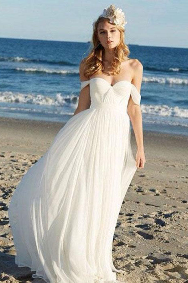 Ivory Chiffon A-line Off Shoulder Summer Beach Wedding Dresses, SW127
