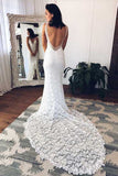 White Lace Mermaid Deep V-Neck Split Wedding Dress with Court Train, SW133
