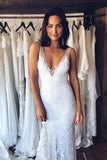 White Lace Mermaid Deep V-Neck Split Wedding Dress with Court Train, SW133 - Simidress.com