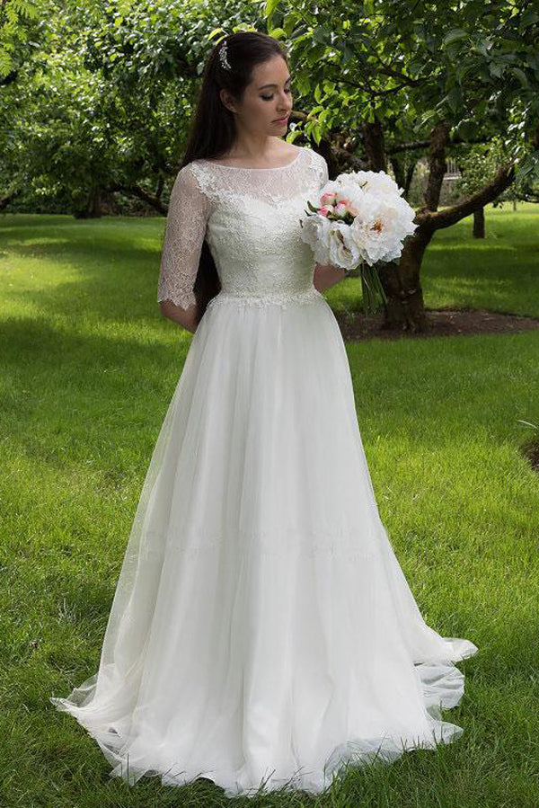 Cheap Wedding Dress Half Sleeves Lace Bodice Wedding Dresses,Cheap