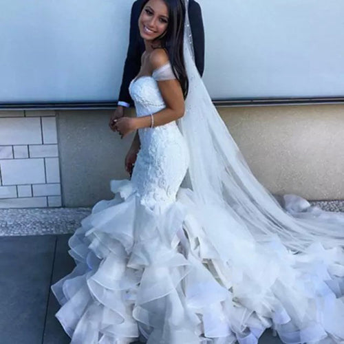 Fabulous Mermaid Sweetheart Off Shoulder Wedding Dresses, Ruffles Bridal Gown at simidress.com