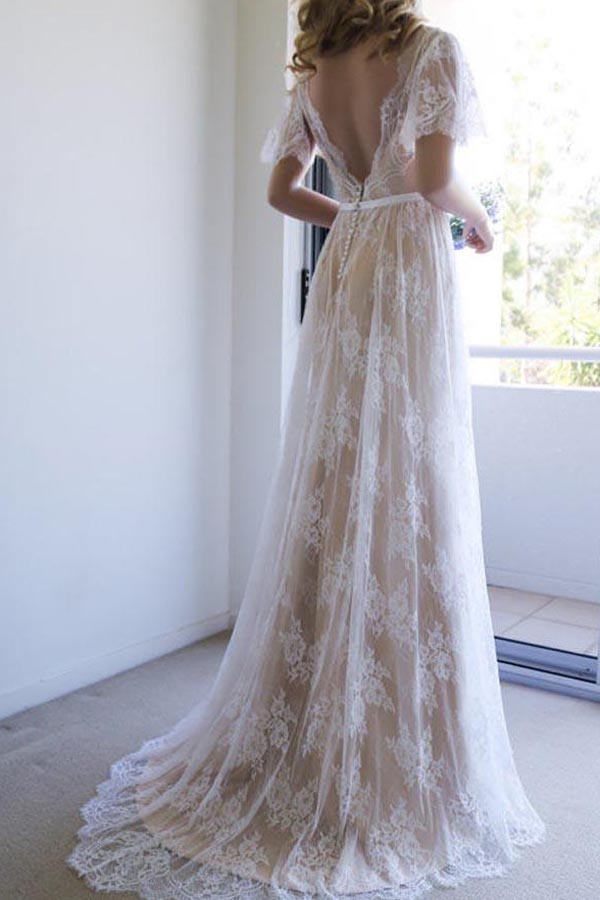 Romantic Cheap White A-line Lace Open Back Long Wedding Dress, SW139