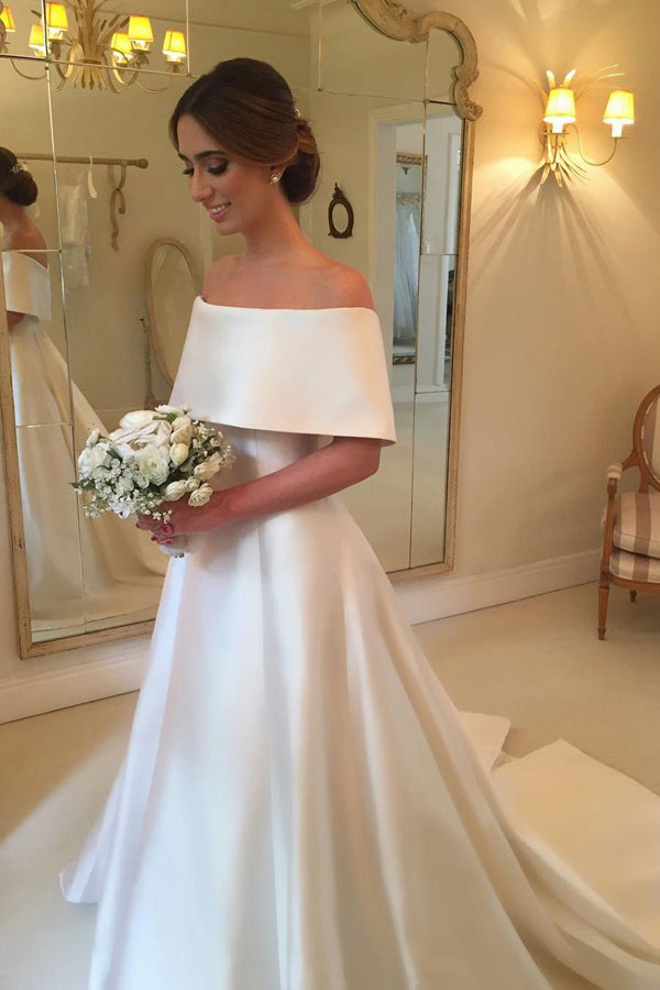 Simple Satin A-line Off the Shoulder Cheap Bridal Gown, Wedding Dresses, SW140