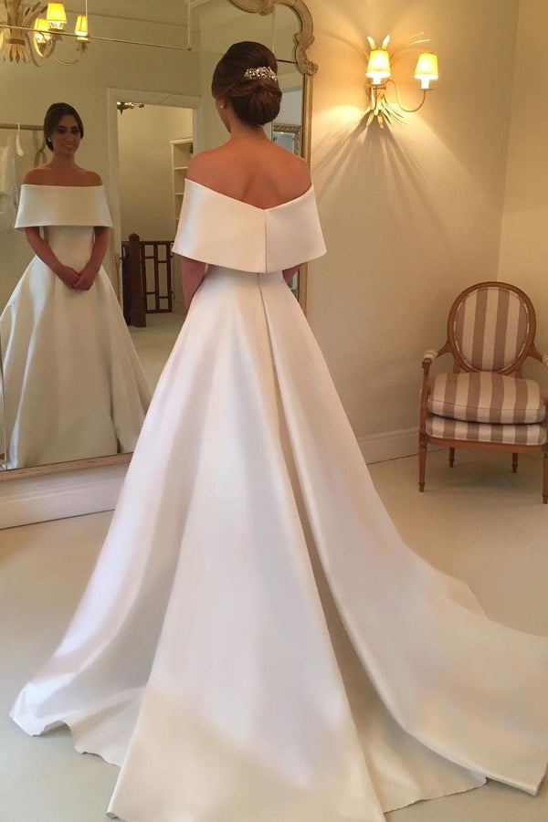 Simple Satin A-line Off the Shoulder Cheap Bridal Gown, Wedding Dresses, SW140