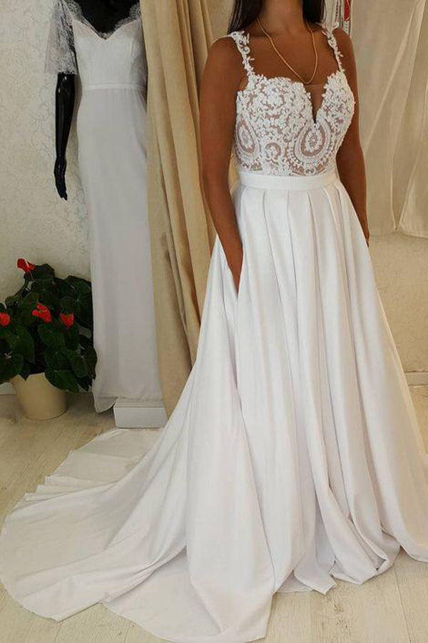 Sweetheart Neck Lace Top Spaghetti Strap Wedding Dress with Pocket on Skirt, SW141