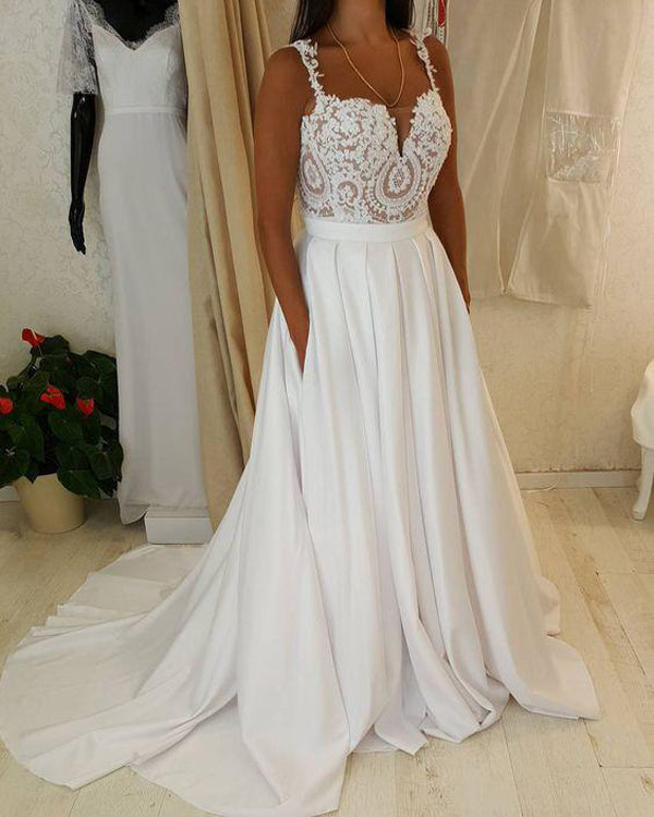 Sweetheart Neck Lace Top Spaghetti Strap Wedding Dress with Pocket on Skirt at simidress.com