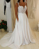 Sweetheart Neck Lace Top Spaghetti Strap Wedding Dress with Pocket on Skirt at simidress.com
