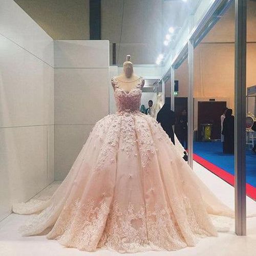 Pink Lace Applique Beads Ball Gown Wedding Dress Quinceanera Dress at simidress.com