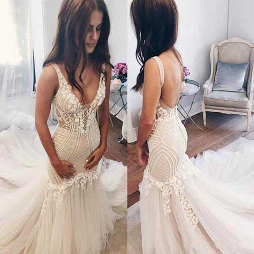 Gorgeous Tulle V-Neck Lace Mermaid Ivory Sleeveless Wedding Dresses at simidress.com