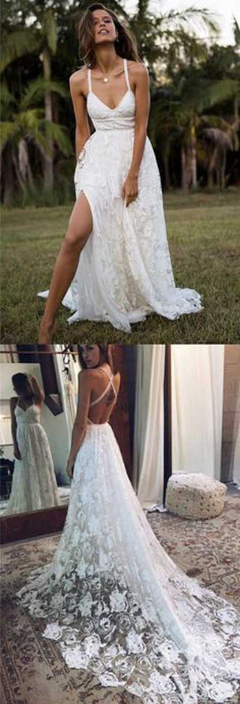 Charming A-line Lace Long Fashion Spaghetti Straps Wedding Dresses at simidress.com