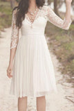 Vintage Knee Length A Line 3/4 Sleeve Short Lace Wedding Dresses Wedding Dress, SW146