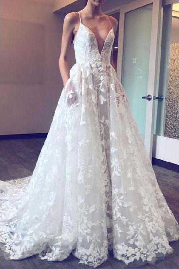 Fabulous Lace Applique Ball Gown Deep V Neck Wedding Dresses with Pocket, SW147