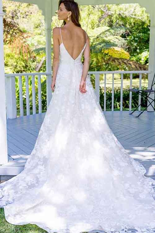 Fabulous White A-Line Backless Spaghetti Straps Long Lace Wedding Dress from simidress.com