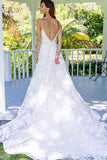 Fabulous White A-Line Backless Spaghetti Straps Long Lace Wedding Dress from simidress.com