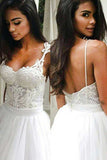 Elegant Backless Sweep Train Wedding Dress with Lace Top Spaghetti Straps, SW150
