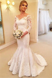 Gorgeous Lace V-Neck 3/4 Sleeves Mermaid Long Wedding Dress Ball Gowns, SW151