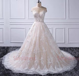 Elegant Pink Ball Gown Tulle Off Shoulder Wedding Dresses with Train from simidress.com