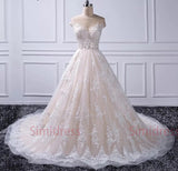 Elegant Pink Ball Gown Tulle Off Shoulder Wedding Dresses with Train from simidress.com