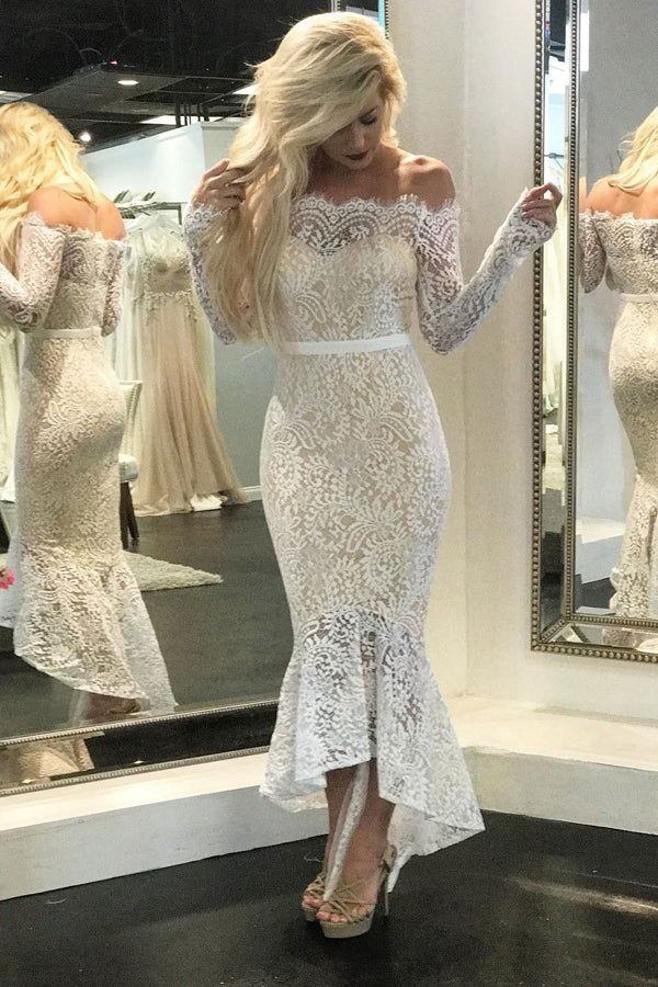 Vintage Lace Cocktail Off Shoulder Mermaid Bridal Gowns Beach Wedding Dresses, SW153
