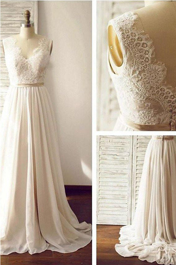 Ivory V-neck Sleeveless Open Back Sweep Train Wedding Dress with Lace Sash, SW154