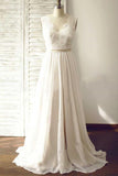 Ivory V-neck Sleeveless Open Back Sweep Train Wedding Dress with Lace Sash at simidress.com
