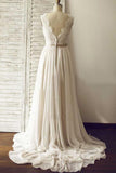 Ivory V-neck Sleeveless Open Back Sweep Train Wedding Dress with Lace Sash from simidress.com