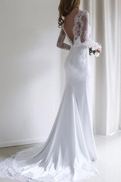 Elegant White Lace Long Sleeves Mermaid Long Wedding Dress with Train at simidress.com