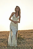Ivory Lace Boho Backless Front Split Off-the-Shoulder Beach Wedding Dress at simidress.com
