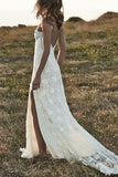 Ivory Lace Boho Backless Front Split Off-the-Shoulder Beach Wedding Dress, SW156