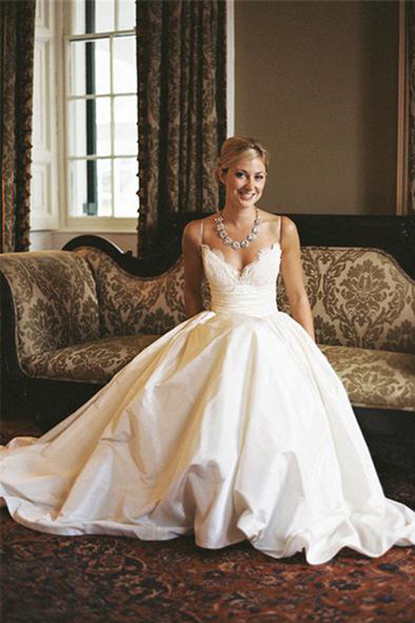 Gorgeous Satin A-line Sleeveless Spaghetti Strap Lace Wedding Dress Bridal Gowns, SW1557