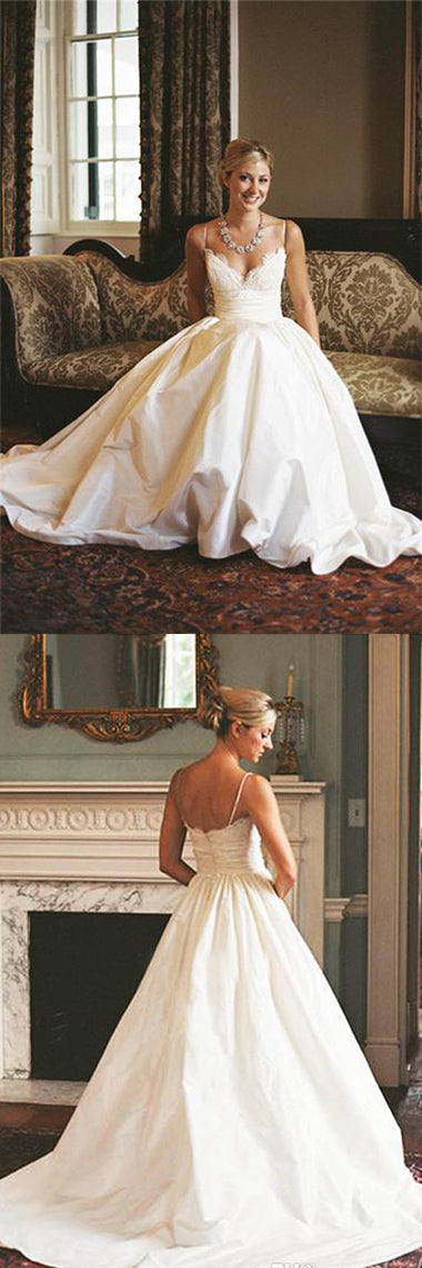 Gorgeous Satin A-line Sleeveless Spaghetti Strap Lace Wedding Dress Bridal Gowns, SW1557 at simidress.com