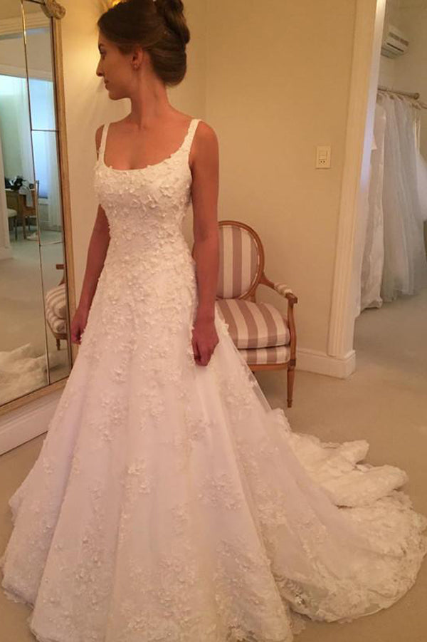 Fabulous White A-line Sleeveless Scoop Sweep Train Wedding Dress with Appliques, SW158