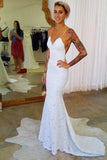 Elegant Cheap Lace Spaghetti Strap Mermaid Simple Long Wedding Dresses, SW160