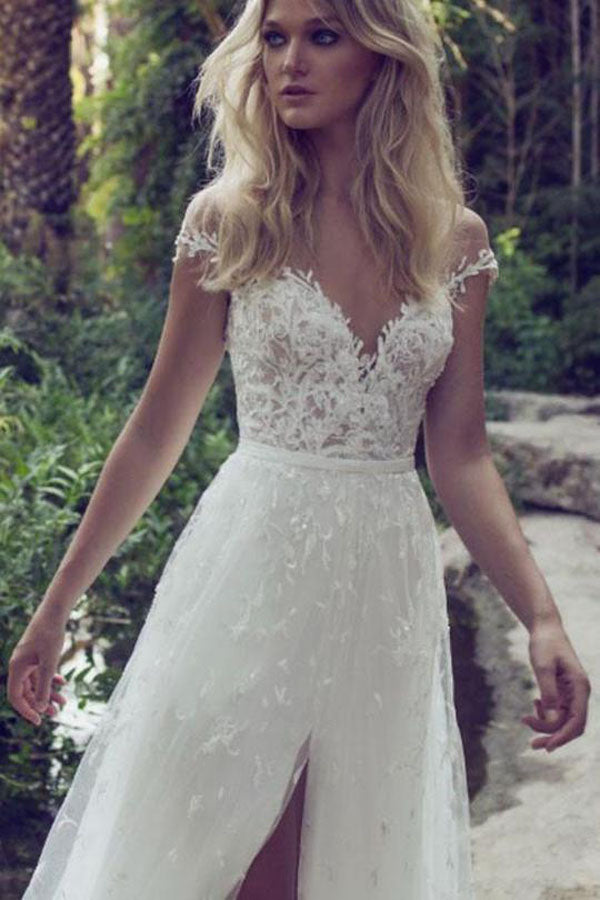 Fabulous Boho Lace Off Shoulder Cap Sleeves Beach Wedding Dress with Slit, SW161