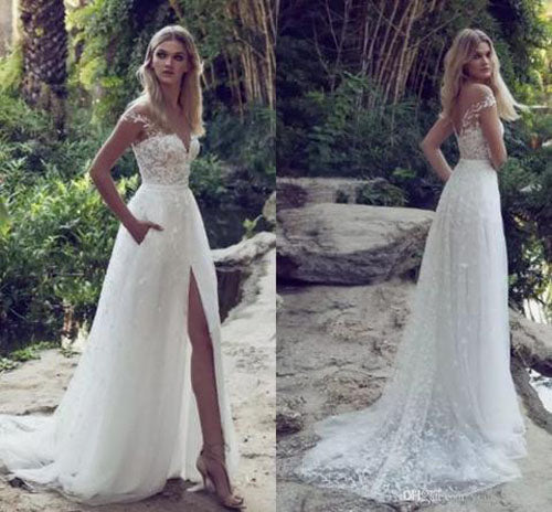 Fabulous Boho Lace Off Shoulder Cap Sleeves Beach Wedding Dress with Slit, SW161 at simidress.com