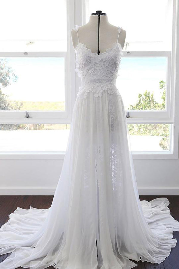 Charming White Chiffon Lace A-line Spaghetti Strap Beach Wedding Dress, SW162 at simidress.com