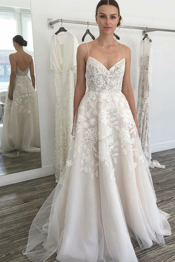 Glamorous Ivory Tulle A-line Spaghetti Straps Backless Beach Wedding Dress with Lace, SW164