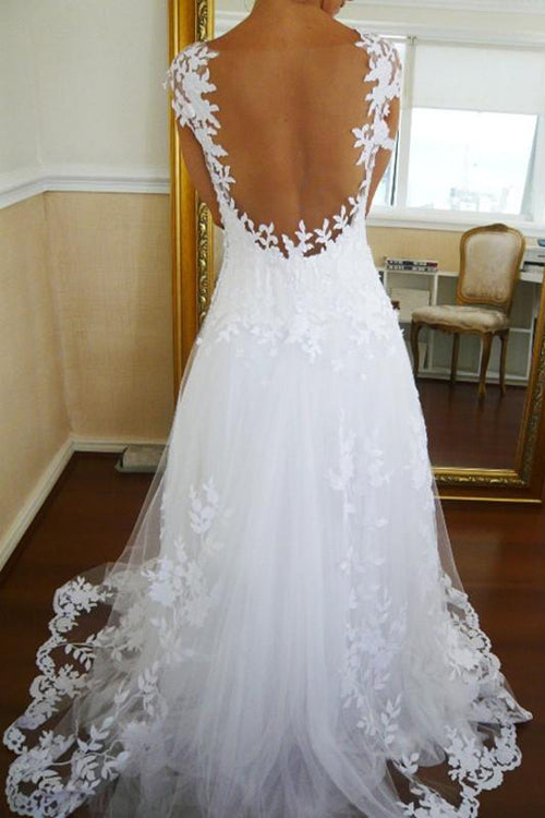 simidress.com offer White See-through Sleeveless A-Line Lace Straps Wedding Dresses, Bridal Gowns, SW163