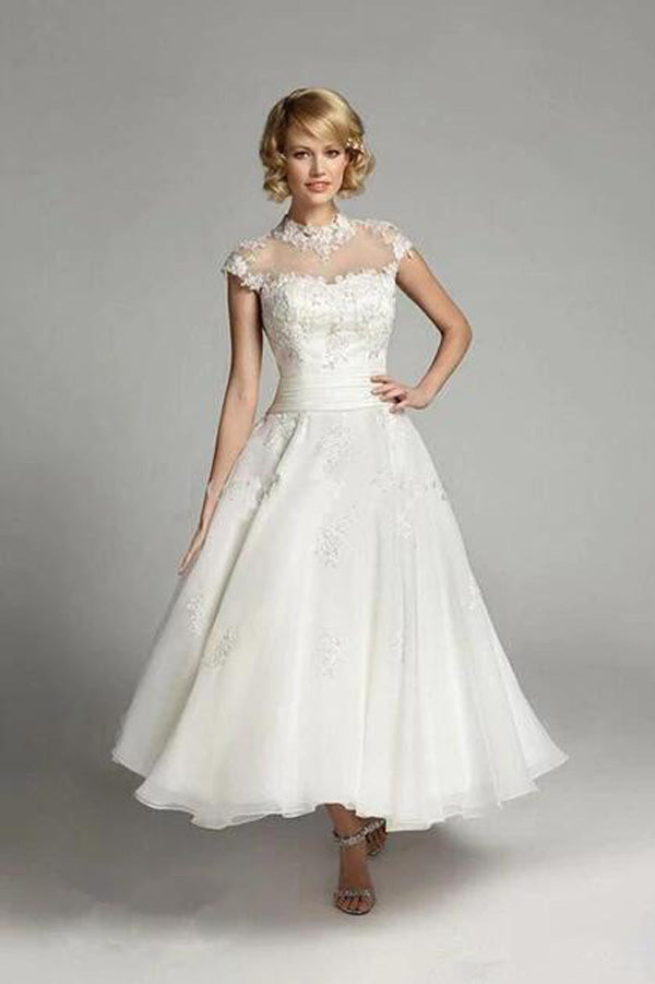 Ivory Beaded Organza Vintage High Neck Lace Tea Length Cap Sleeve Wedding Dress, SW164