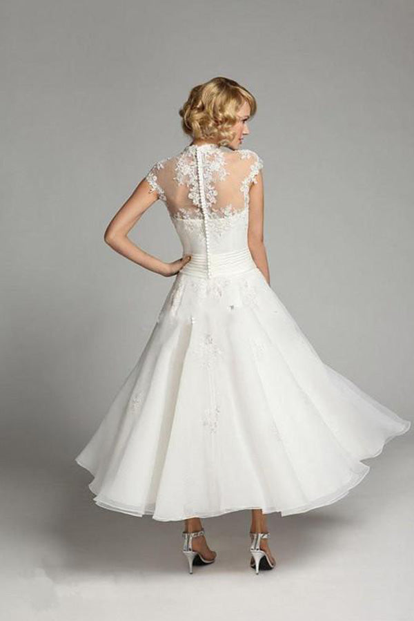 Ivory Beaded Organza Vintage High Neck Lace Tea Length Cap Sleeve Wedding Dress, SW164 at simidress.com