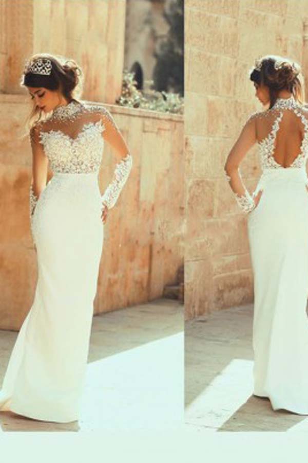Gorgeous Lace High Neckline Sheath Wedding Dresses With Beaded Appliques, SW165