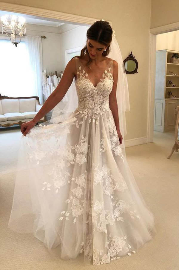 Fabulous Tulle A-line V-neck Floor Length Lace Wedding Dresses With Appliques, SW166