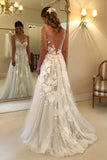 Fabulous Tulle A-line V-neck Floor Length Lace Wedding Dresses With Appliques, SW166 sold by www.simidress.com