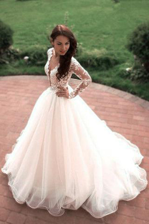 Ivory Long Sleeves Ball Gown Princess A-Line V-Neck Tulle Wedding Dresses, SW167