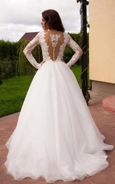 Ivory Long Sleeves Ball Gown Princess A-Line V-Neck Tulle Wedding Dresses, SW167 at simidress.com