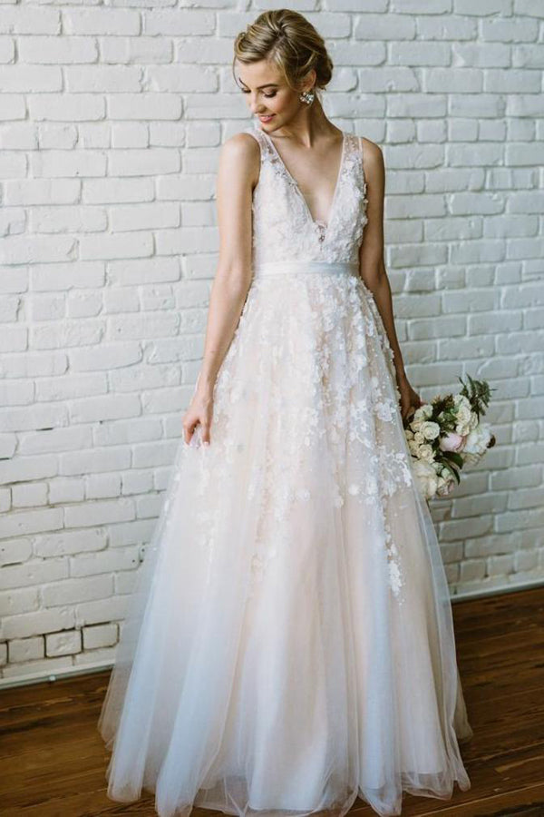 Ivory Lace Long Wedding Dresses V Neck Beach Wedding Dress with Appliques, SW168